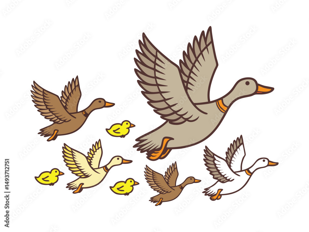 Fototapeta premium Illustration of Ducks in Flight Stylized Artwork of Flying Ducks