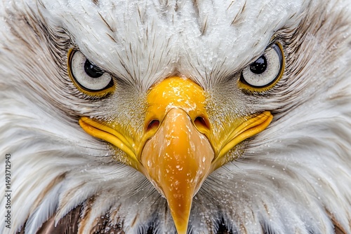 Extreme close up of a bald eagle showing its piercing eyes and sharp yellow beak in great detail