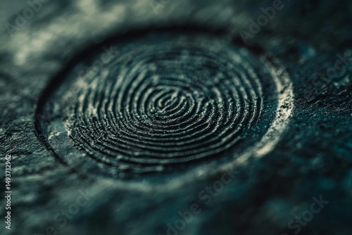 Abstract Close-Up of Intricate Circular Pattern on Dark Textured Surface, Reminiscent of a Fingerprint or Tree Rings, Evoking Mystery and Depth