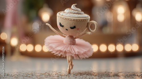 Cartoon ballerina with cappuccino cup head dancing on stage