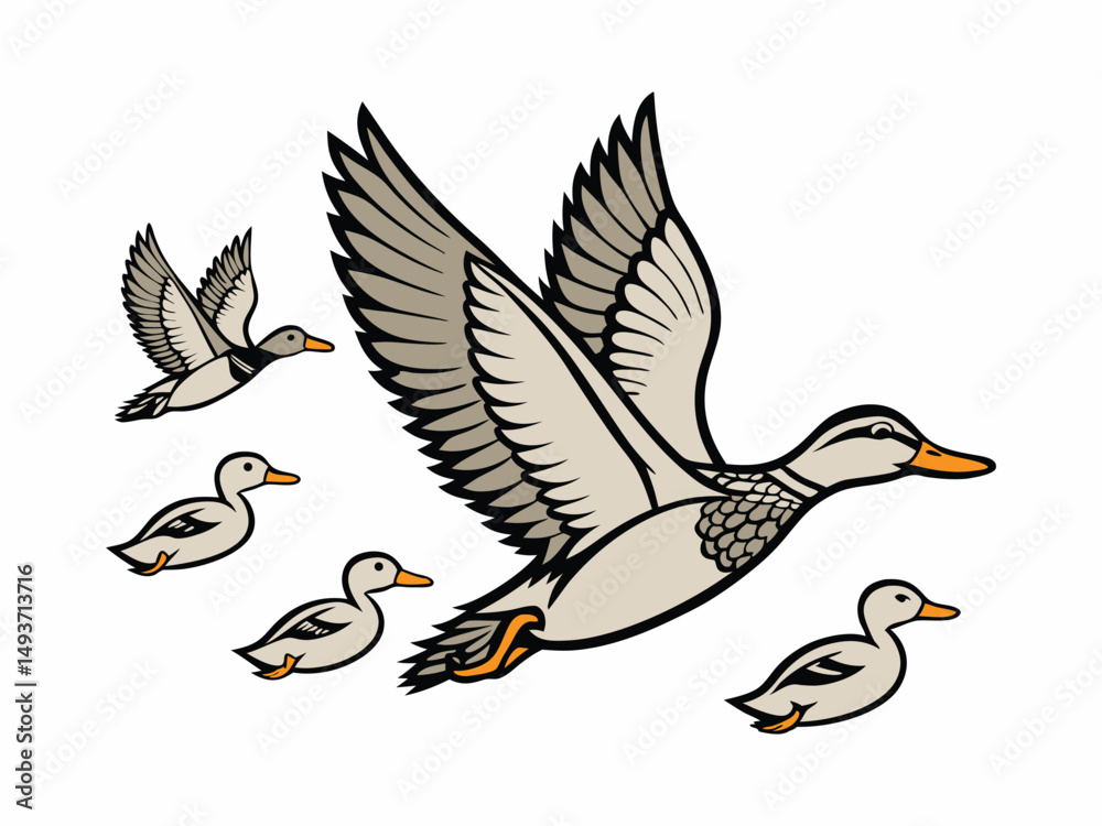 Obraz premium Illustration of Ducks in Flight Stylized Artwork of Flying Ducks