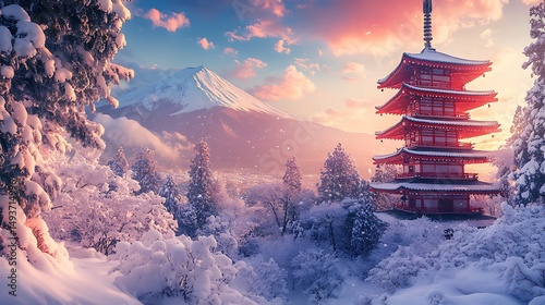 Winter wonderland landscape with a pagoda and snow-capped mountains.