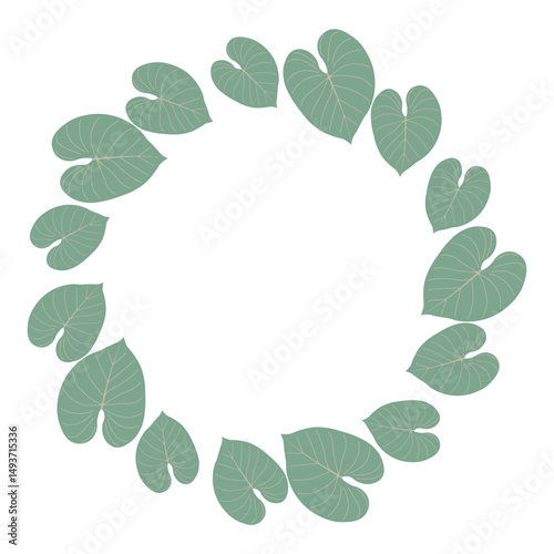 Round tropical wreath with lush jungle foliage. Suitable for invitations, covers, banners, and greeting cards. Vector art of tropical leaves and plants