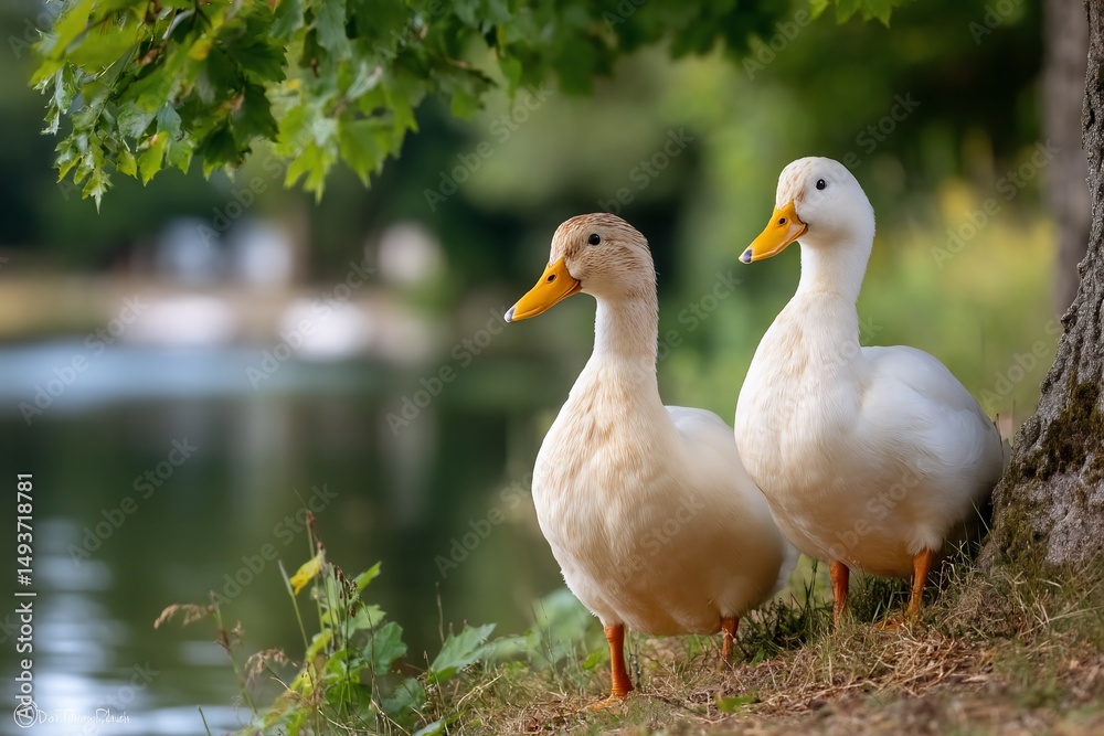Duck duo stands lakeside serene portrait Duck duo stands lakeside serene portrait