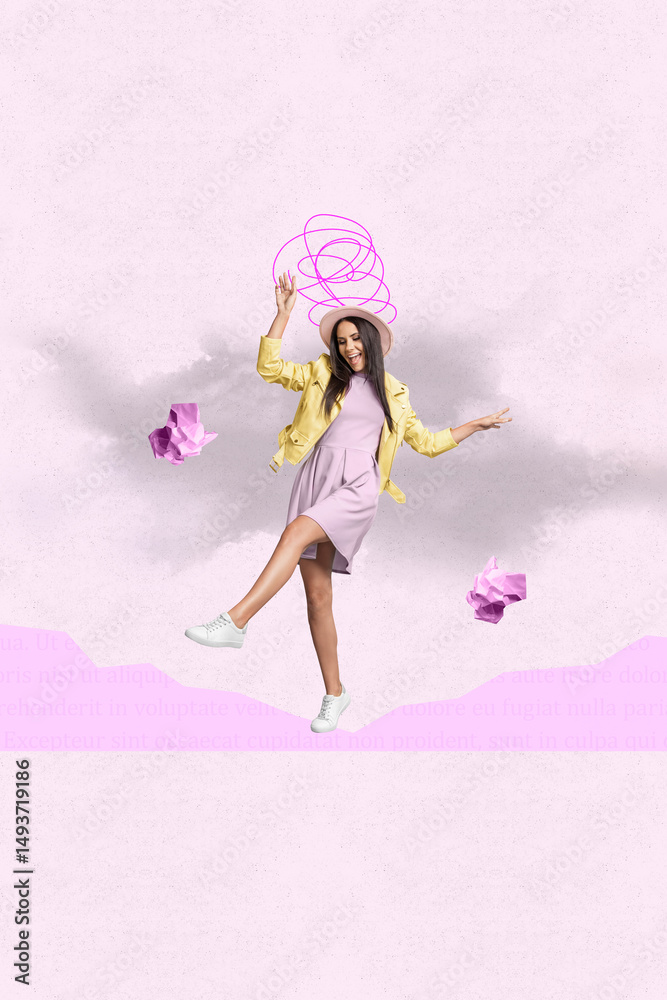 Fototapeta premium Collage of joyful person with crumpled papers and sketchy swirl above head representing ideas stress thinking