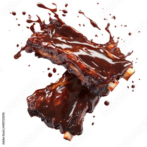 Bbq ribs with sauce splash isolated on white background