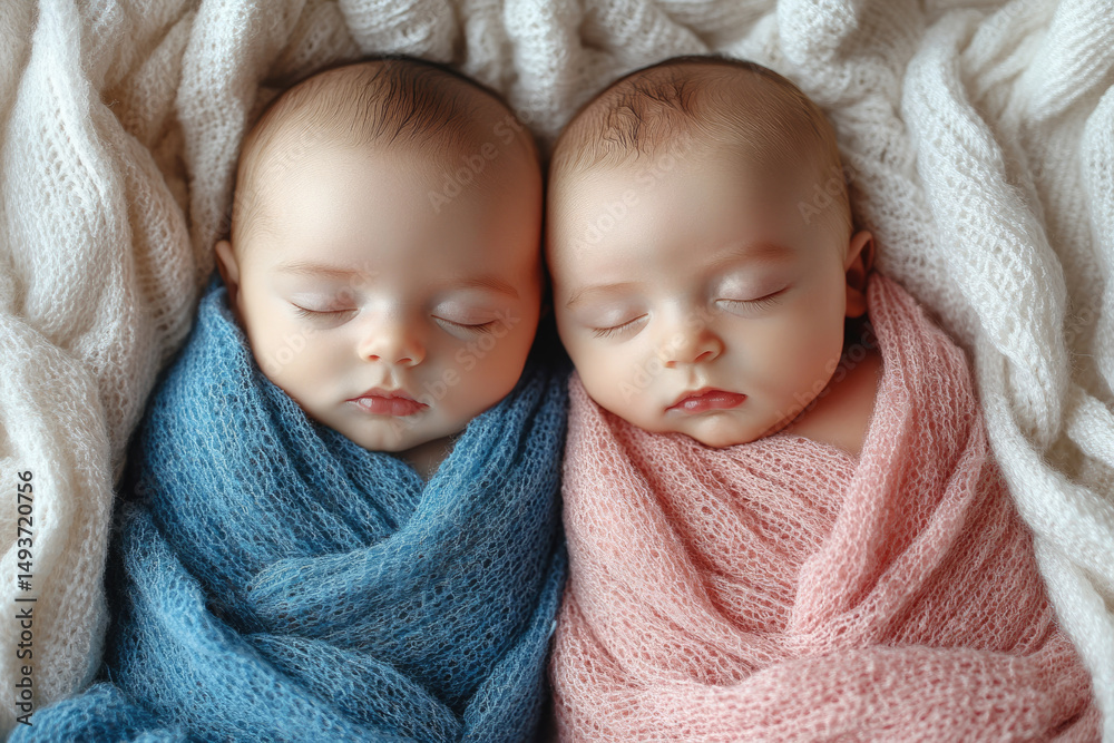 Peaceful Newborn Twins Lying Side By Side In Cozy Wraps Peaceful Newborn Twins Lying Side By Side In Cozy Wraps