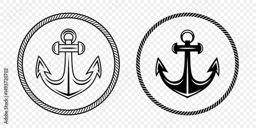 Black and White Anchor Icon Set. Flat Vector Monochrome Anchor Shapes in Circular Rope Frame. Nautical Anchor Symbols, Marine Rope Border Design. Vector Illustration