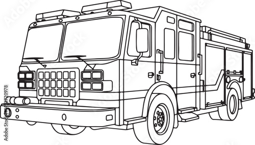 Fire engine truck Outline vector illustration isolated On Transparent Background
