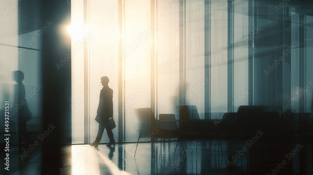 Fototapeta premium Executive Silhouette in Quiet Office Lobby with Soft Light Effects