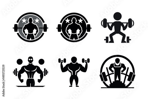 Bodybuilding Icons and Powerlifting Silhouettes icon set on white background