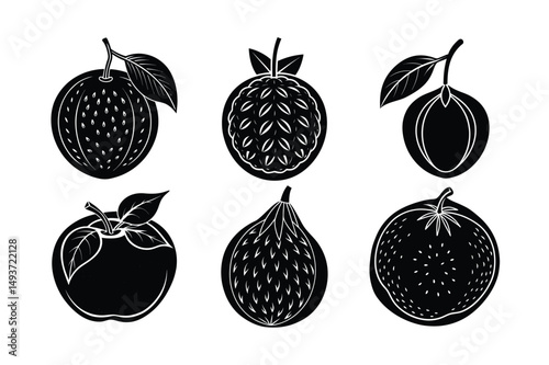 A vector illustration set of fresh fruit icons includes an apple, pear, strawberry, cherry, lemon, banana, pineapple, orange, and a healthy berry