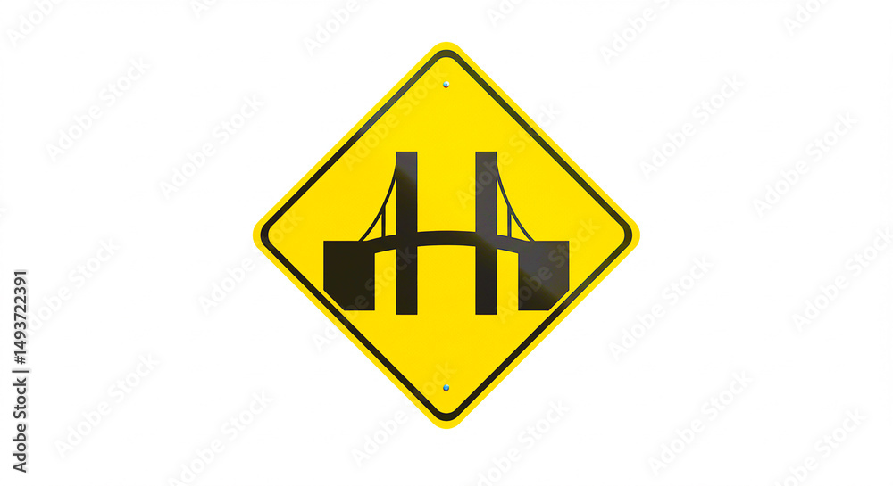 A yellow bridge sign with a black bridge symbol on a white background in a close up studio shot A yellow bridge sign with a black bridge symbol on a white background in a close up studio shot