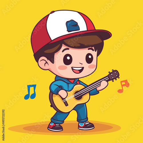 Cartoon boy with red and white cap playing a yellow acoustic guitar