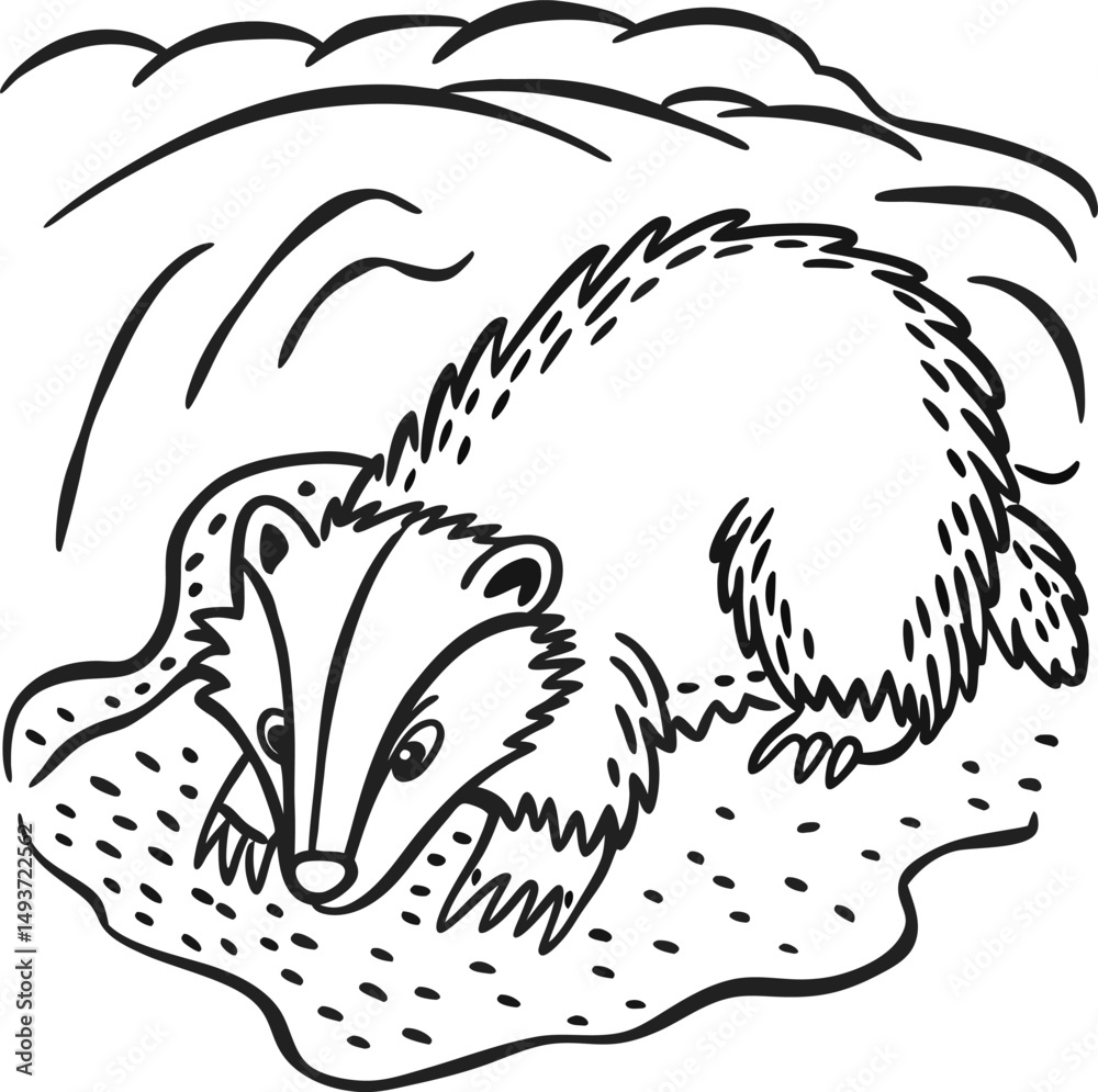 Obraz premium badger in vintage style, black and white illustration of forest animal with burrow