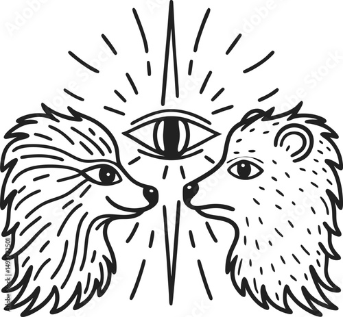abstract wolf and bear facing eye symbol surreal tribal design, concept of vision, balance, duality