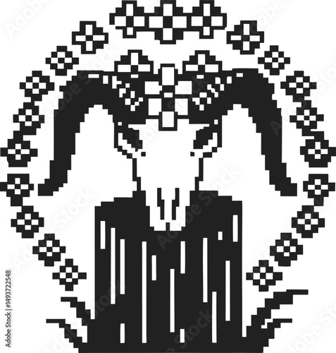 Pixel art ram skull with floral pattern in black and white design