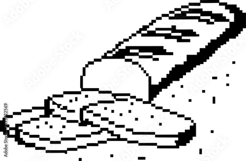 Pixel art bread loaf and slices retro black and white digital illustration, vintage design