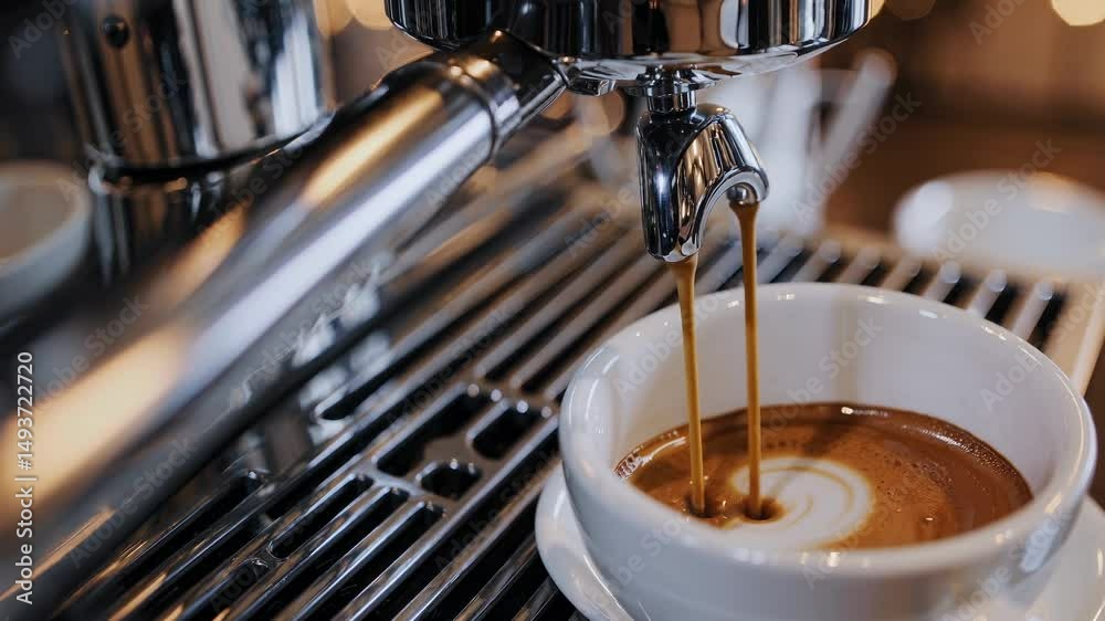 Close-up of espresso machine pouring coffee into a white cup. Espresso flows smoothly. Coffee, espresso, and machine in focus. Warm, inviting coffee scene.
