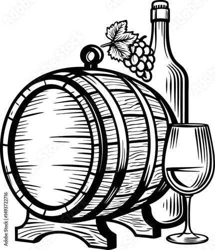 Wine and barrel illustration vintage bottle, wooden cask, grapes, wine glass art