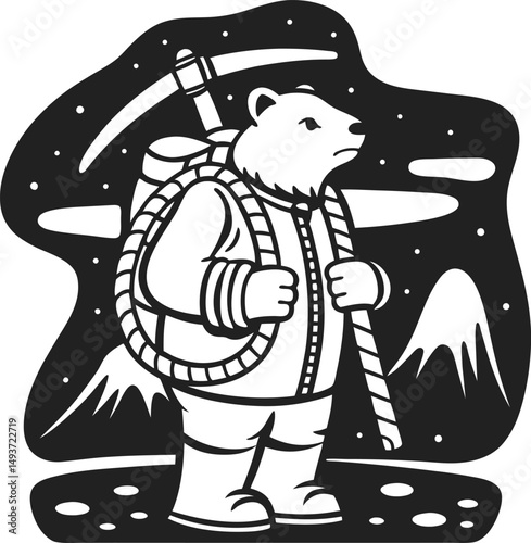 polar bear explorer with backpack and pickaxe in snowy mountain landscape winter adventure illustration, black and white design