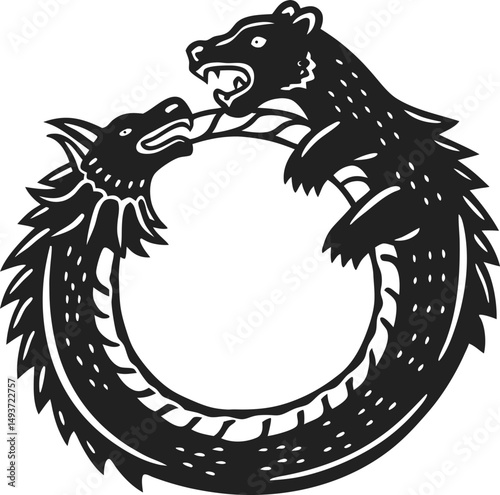 dragon and bear ouroboros symbol black and white mythical creature loop, endless cycle, eternity concept
