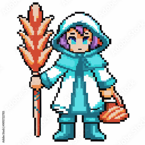 Pixel art mage in blue robe with mystic staff and basket