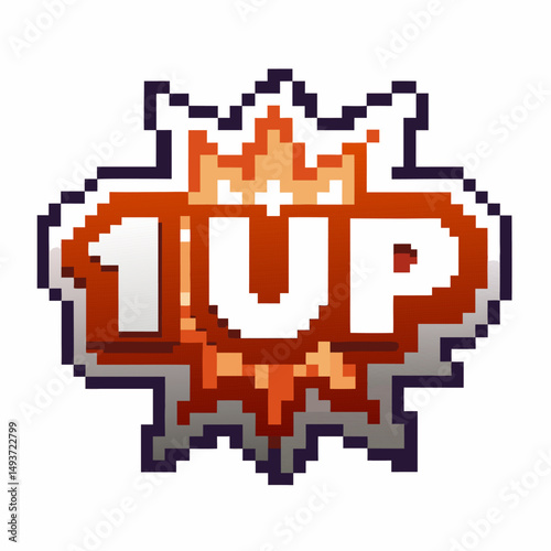 Pixelated 1up icon with retro gaming classic video game, vintage power up symbol, red and white design