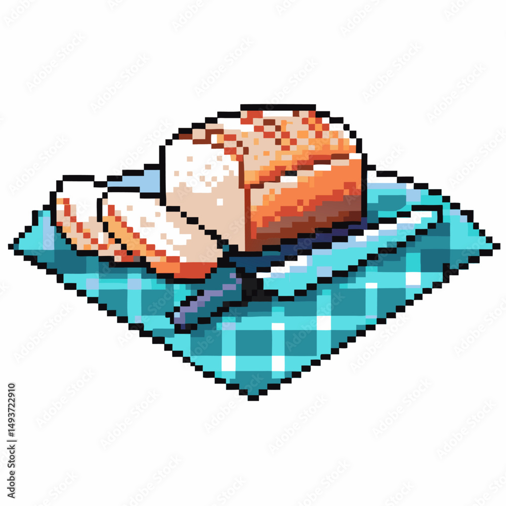 Fototapeta premium Pixel art bread and knife on checked cloth
