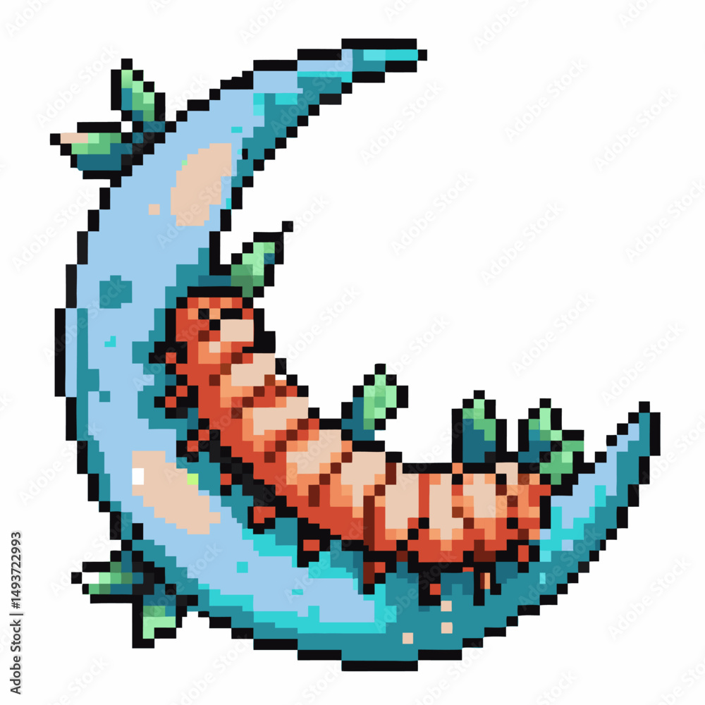 Obraz premium pixel art crescent moon and caterpillar with green leaves nighttime whimsical fantasy scene, retro video game