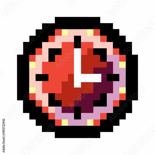 Pixelated red clock icon depicting time in retro video game style, bold digital art