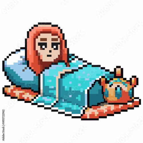 Pixel art character relaxing in bed with cute pet companion