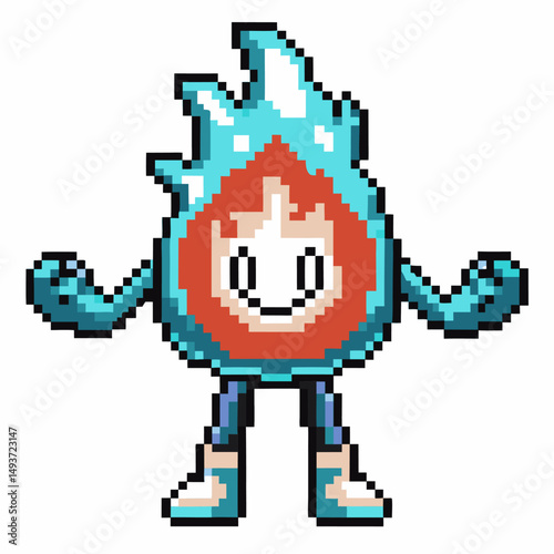 pixel art character with fiery head retro digital art style, pixelated flame person