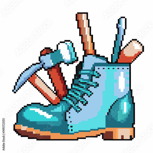 Pixel art boot with tools hammer, wrench, and screwdriver inside retro gaming illustration