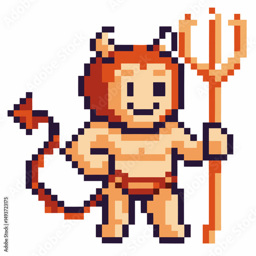 Pixel art devil character with trident retro 8 bit video game style, demon design