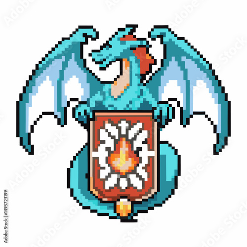 pixel art blue dragon with wings holding ornate shield, fantasy creature design
