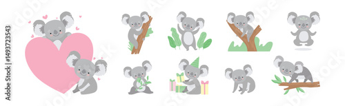 Adorable Koala Grey Animal in Various Actions Vector Set