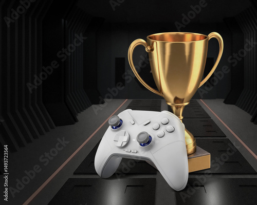 Joystick and golden cup in the dark room