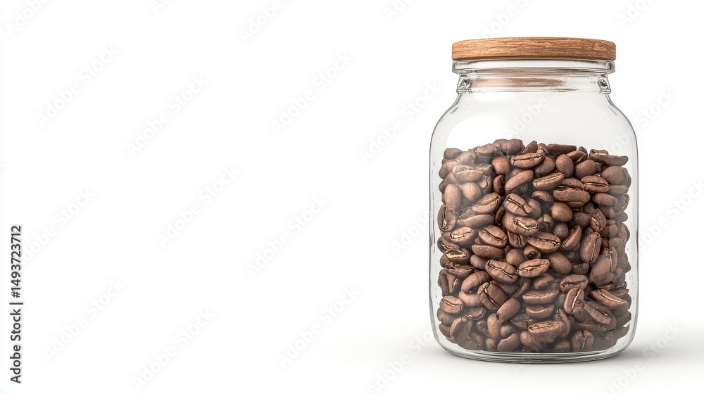 A transparent glass storage jar is completely full of freshly roasted dark brown coffee beans sitting on a clean white studio background. A transparent glass storage jar is completely full of freshly roasted dark brown coffee beans sitting on a clean white studio background.