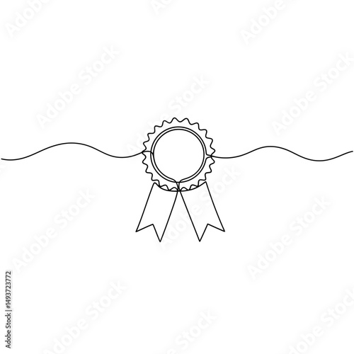 Continuous line drawing of a rosette award with ribbons on a white background simple and minimalist style