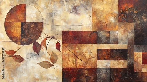 Abstract composition of geometric shapes and organic forms.