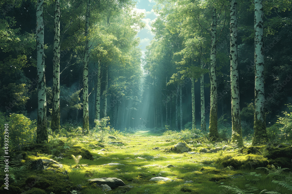 Obraz premium Tranquil Forest Floor Covered in Moss and Ferns