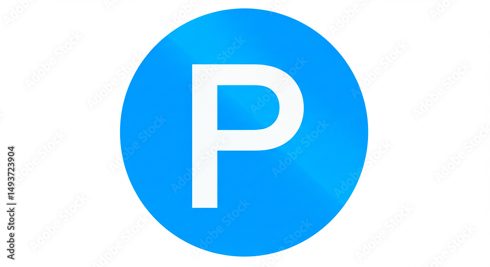 A circular sign with a light blue background and a white letter p in the center on a white background A circular sign with a light blue background and a white letter p in the center on a white background