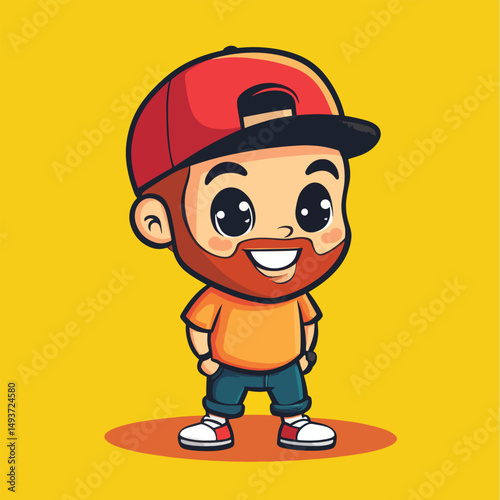 Cartoon character with a red beard baseball cap and orange shirt