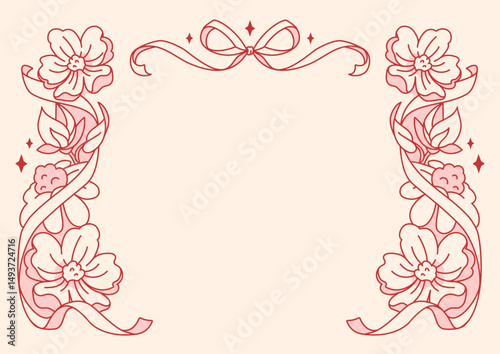 Horizontal oriented vintage floral border with ribbons, bows and copy space. Perfect for DIY greeting cards, banners, posters, invitations, or tender romantic templates