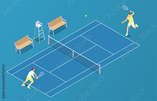 Isometric illustration of two male tennis players on blue hard court during active match with benches umpire chair and tennis net in professional outdoor sports scene