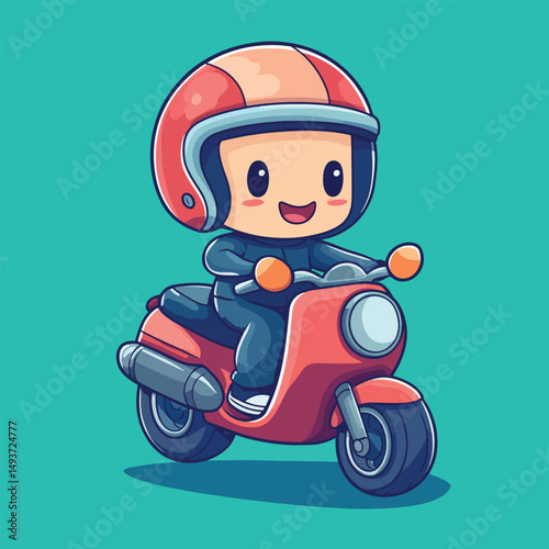 Cartoon character with helmet riding a red scooter front view