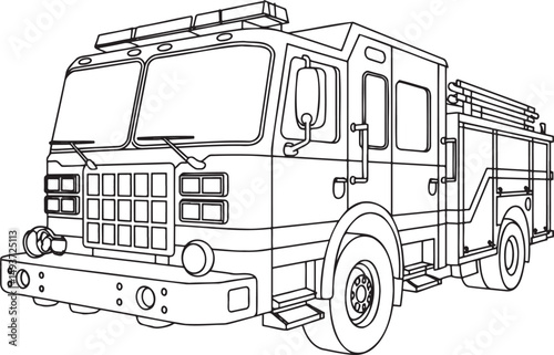 Fire engine truck Outline vector illustration isolated On Transparent Background