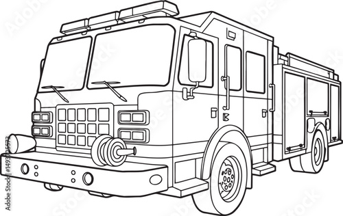 Fire engine truck Outline vector illustration isolated On Transparent Background