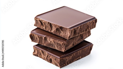 A precise stack of three rich dark chocolate pieces with beautifully rough textures sits isolated on a clean white background, perfect for delicious indulgence.